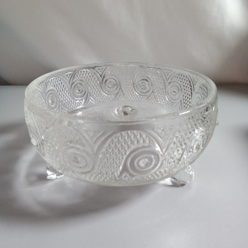 Avon‎ Vintage Clear Pressed Glass Footed Bowl Scroll Swirl Candy Trinket Dish